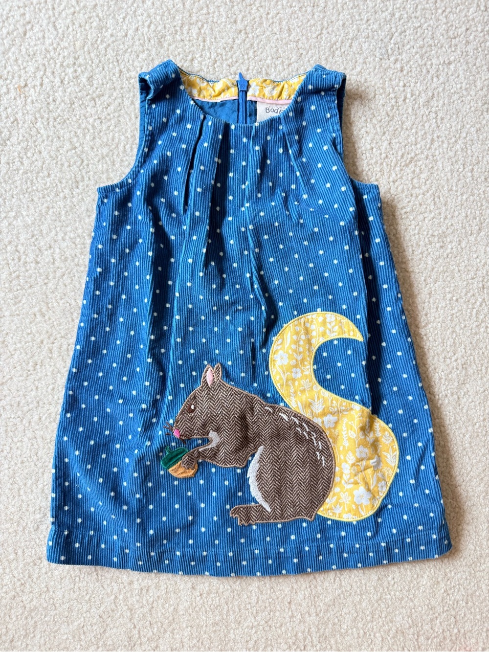Boden Blue Polka Dot Corduroy Dress with Yellow Squirrel Applique